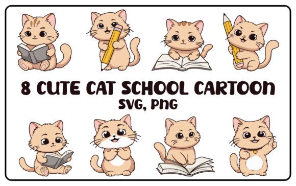Charming 8 Cute Cat School Cartoon for Embroidery