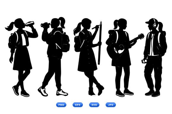 Exploring School Girls Silhouette Set for Embroidery