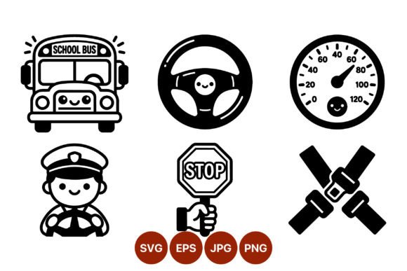 School Bus Driver Safety Transport Icons